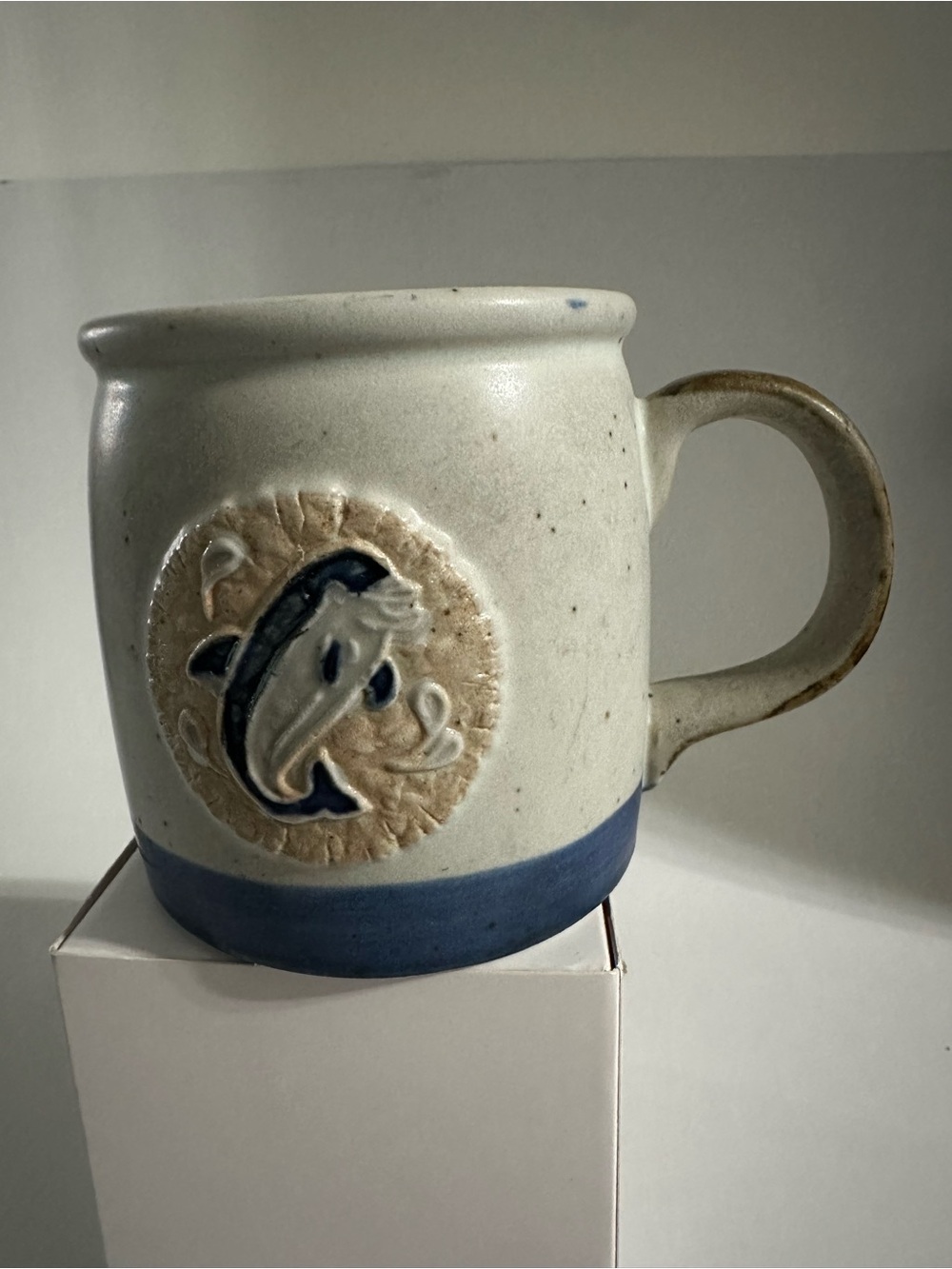 Ceramic coffee cup with DOLPHIN Glazed Handmade Blue Gray and yellow.